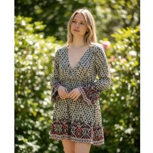 Chloe K Boho Paisley Print Mini Dress Long Sleeve Smocked Waist Size M